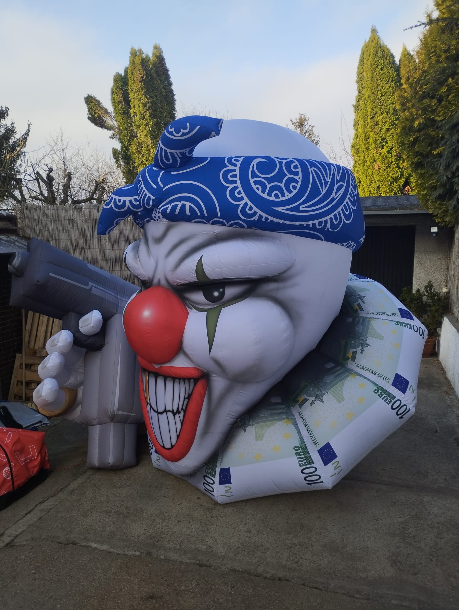 Detailed view of the inflatable clown showing airbrush details